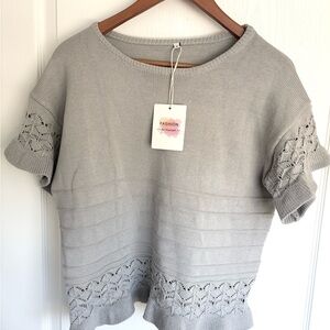 Free People Inspired Gray Knit Top Ruffle Hem Oversized Short Sleeve Size [S/M]